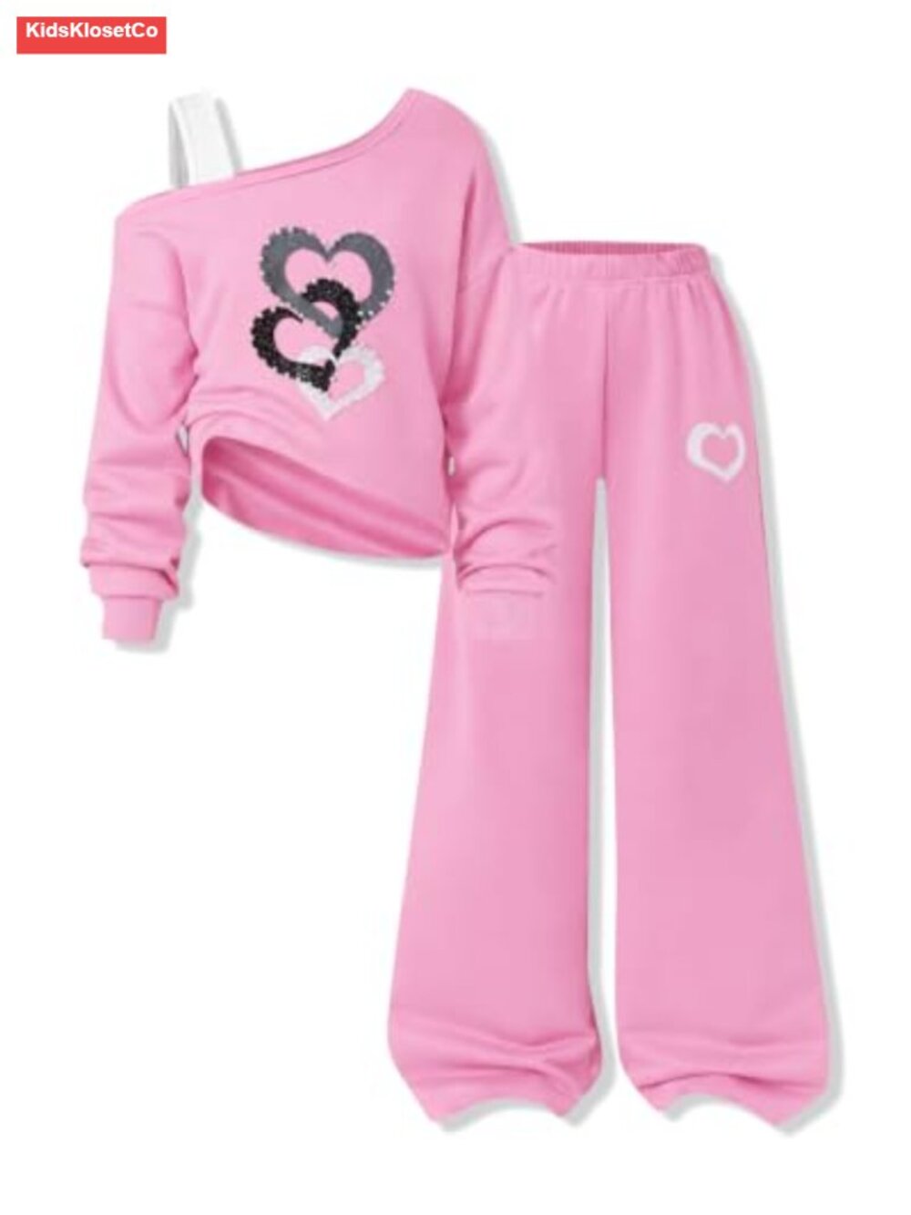 Girls 2-Pc Long Sleeve Off Shoulder Heart Print Top & Wide Leg Pants Outfit